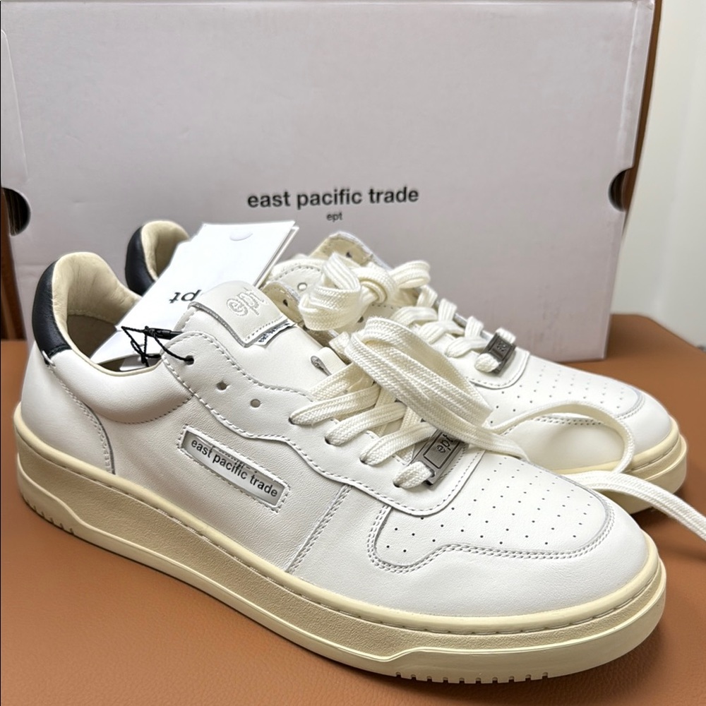 East Pacific Trade White Sneakers Court with Black Accents Size 10